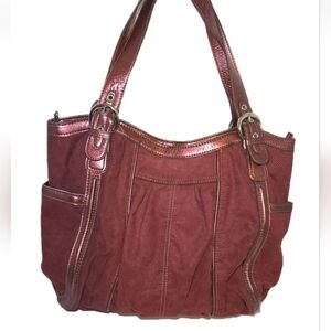 Mondani New York Large Faux Leather Red Pink Shoulder Bag Metallic Handles EUC